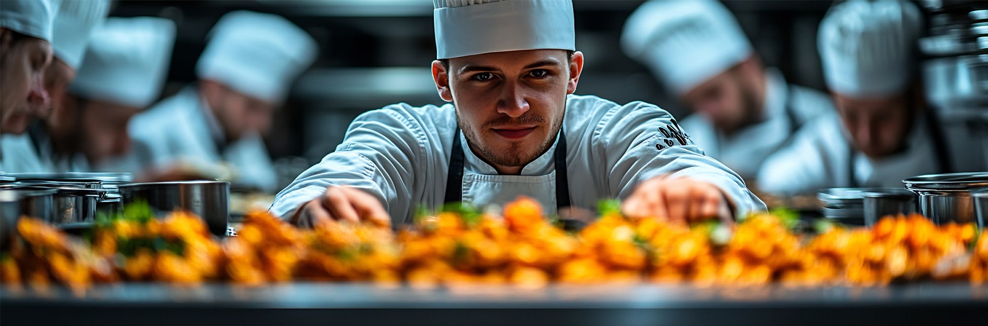 Bilder von Köchen in einer Gastr-Küche mit Essen im Vordergrund